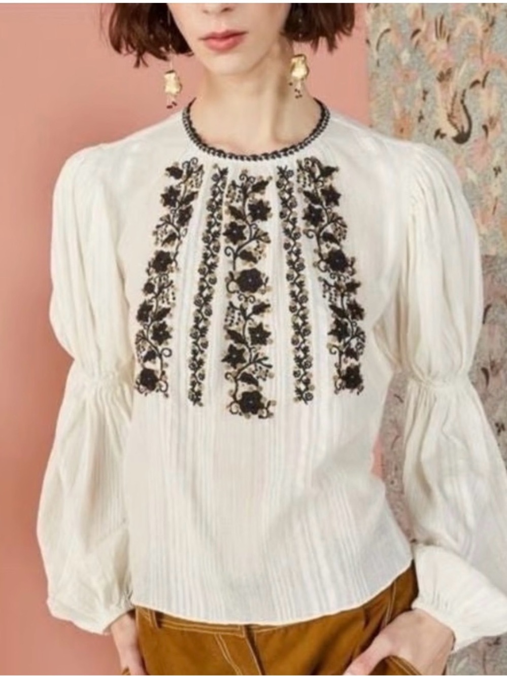 Ulla Johnson Cream Blouse with Black Floral Embroidery